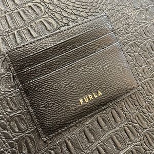Furla Black Leather Card Case Holder -Gold Color Emblem